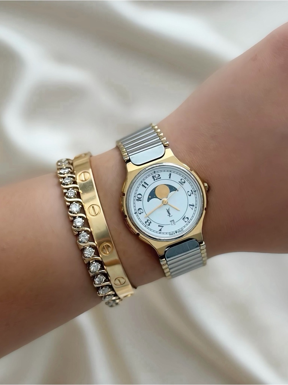 AUTHENTIC RARE VINTAGE YVES SAINT LAURENT MOONPHASE TWO-TONED WATCH